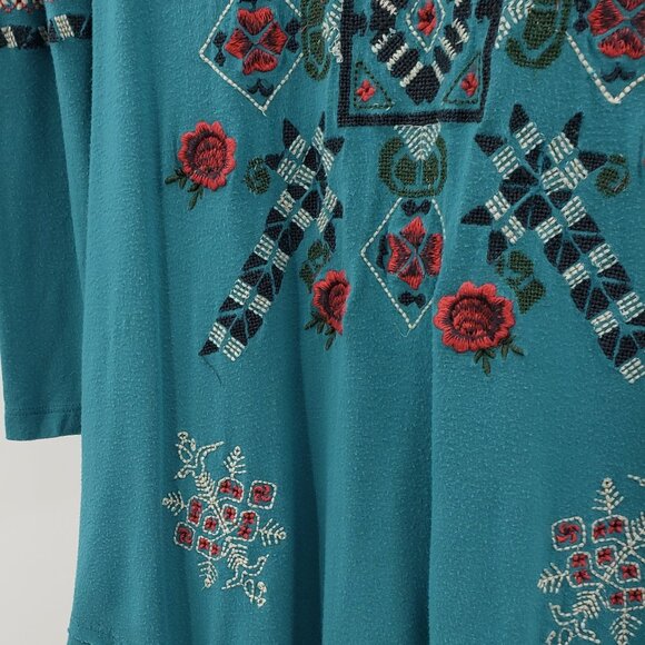Caite Embroidered Tunic Top Women's S Teal Green V-Neck Curved Hemline Boho Long - Picture 3 of 8